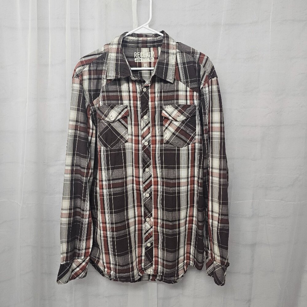 Reclaim Brown Plaid Button Down Shirt Athletic Fit Workwear Gorp School XL